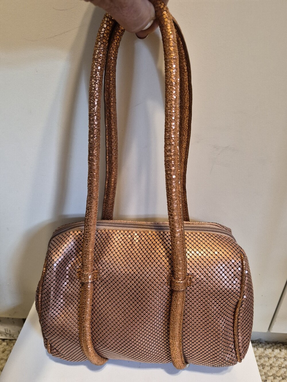 Vintage Mint Y2K Whiting & Davis Warm Copper Metal Mesh Barrel Satchel Bag $250